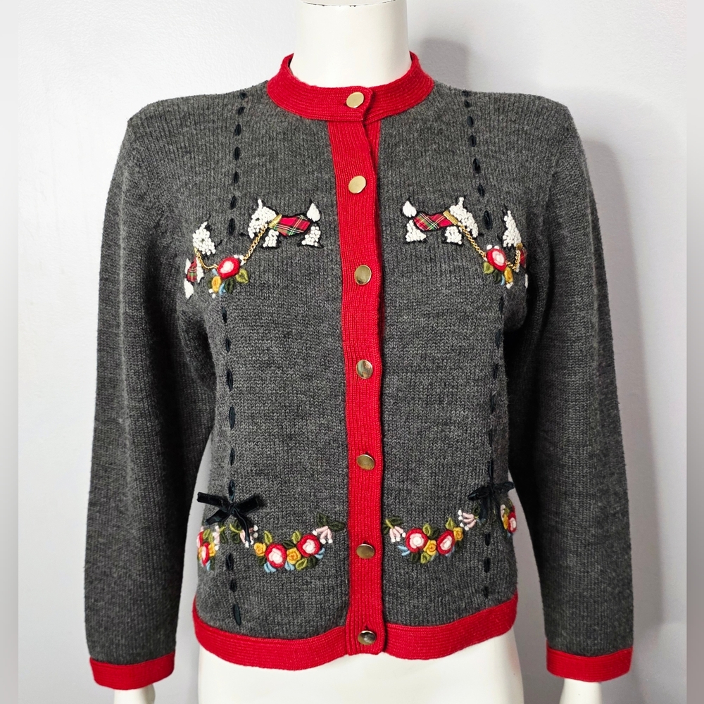 Vintage Gray and Red Women's Sweater with Dogs And Embroidered Flowers